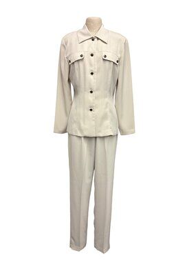 Vintage 90s Tess Cream Two-Piece Set Collared Blouse Jacket Wide-Leg Trousers